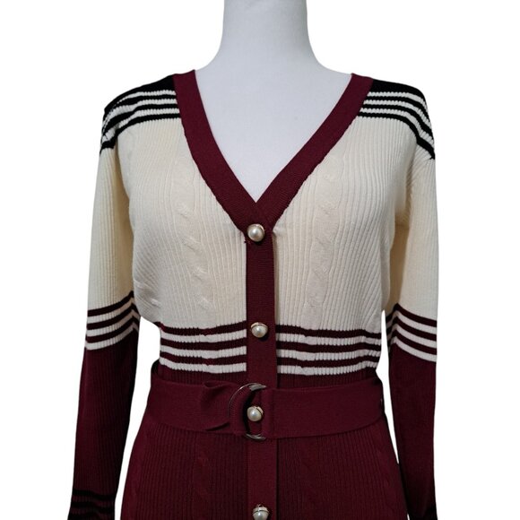 Ashley Stewart Belted Striped Sweater Dress Burgundy/Black Size 10 NWT - Picture 4 of 14